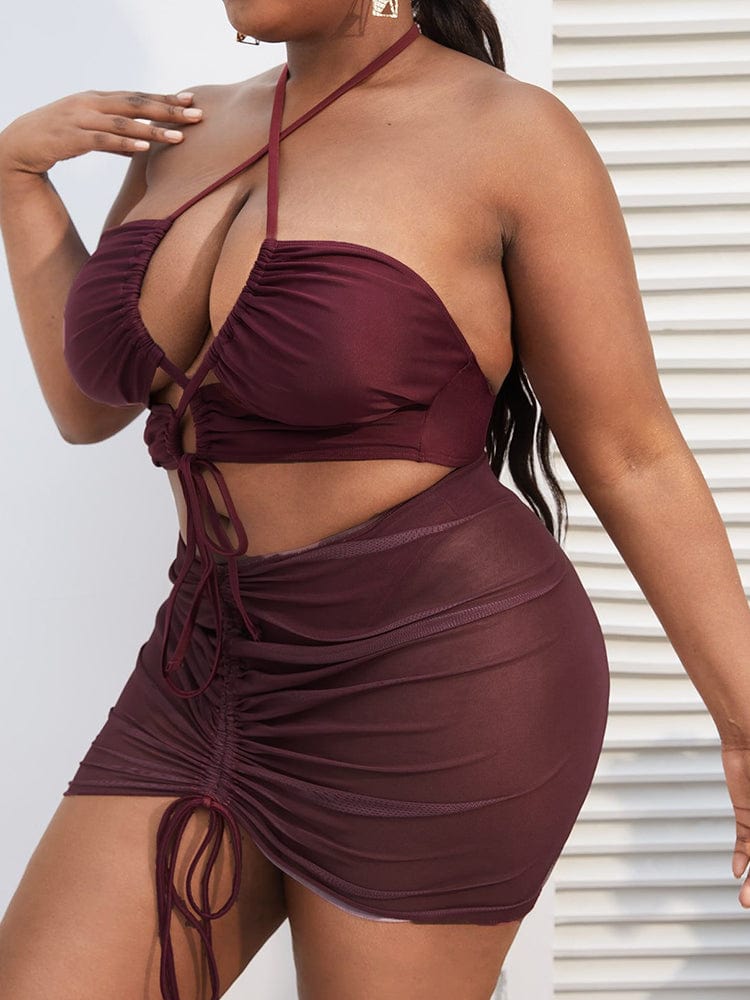 Biquini plus size con minifalda y lazadas fruncidas