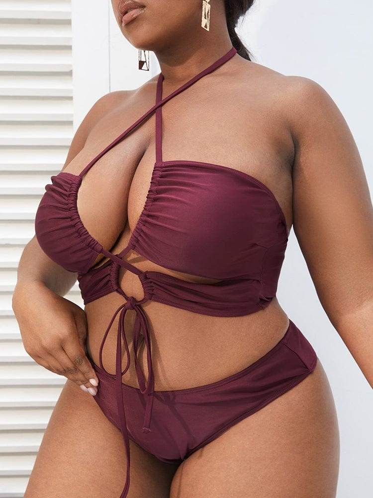 Biquini plus size con minifalda y lazadas fruncidas