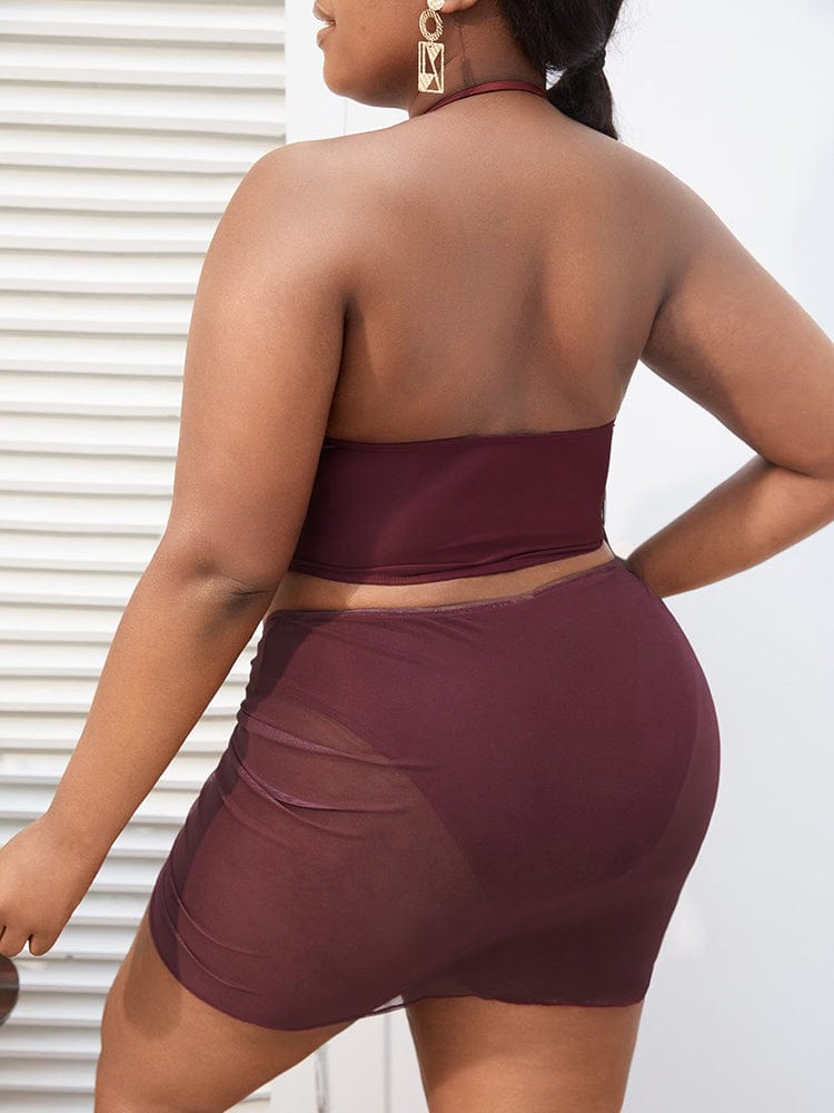 Biquini plus size con minifalda y lazadas fruncidas