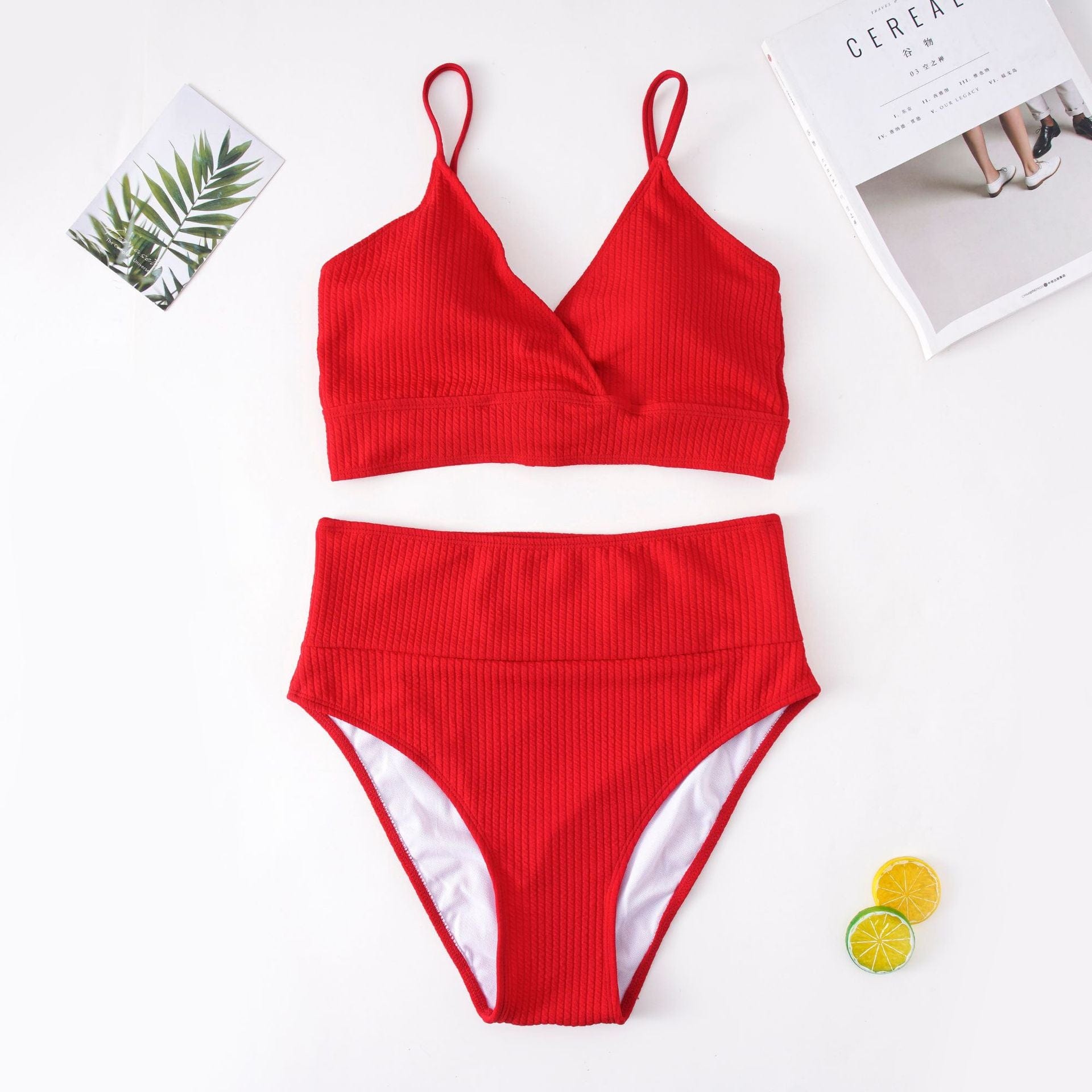 Biquini plus size de punto acanalado con cintura alta