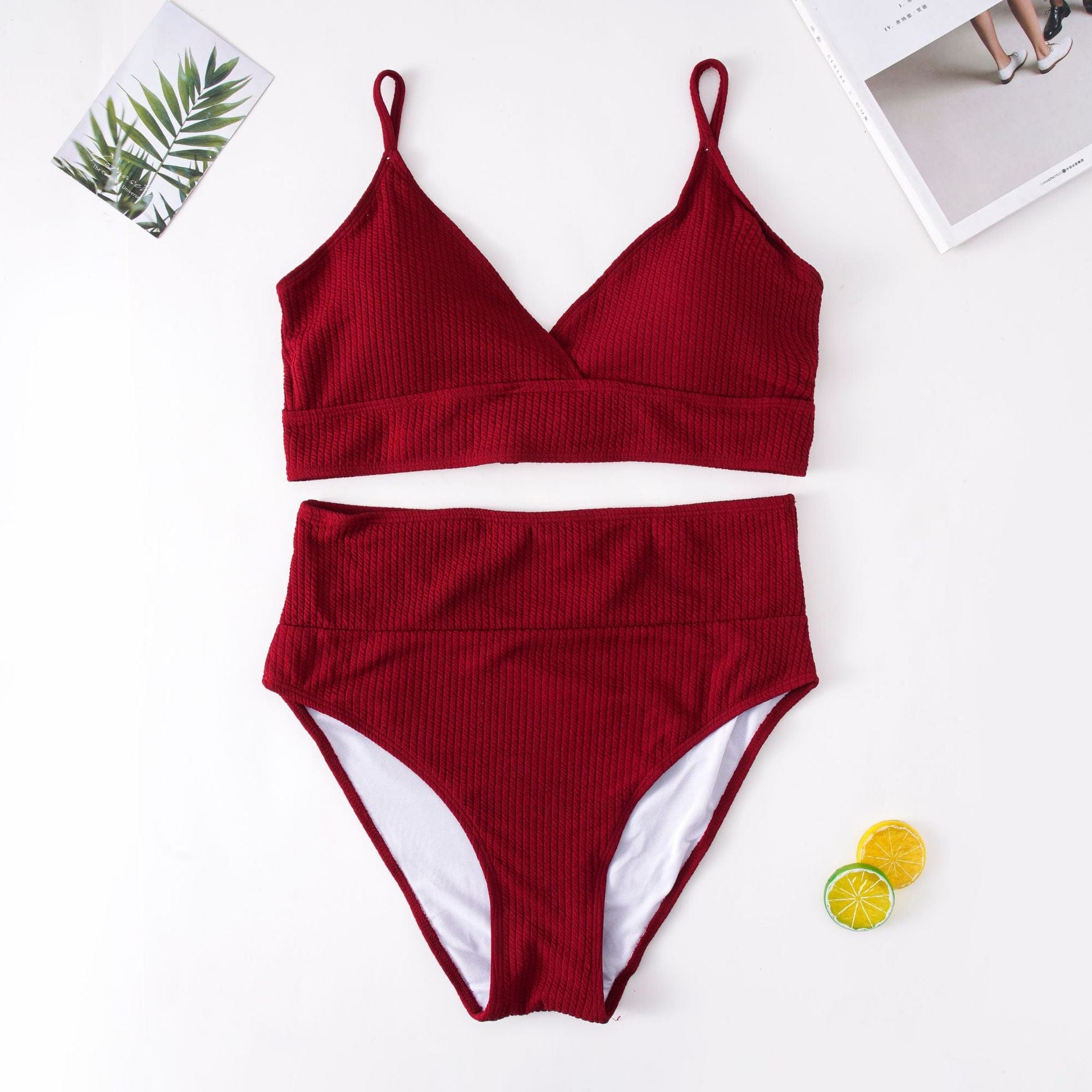 Biquini plus size de punto acanalado con cintura alta
