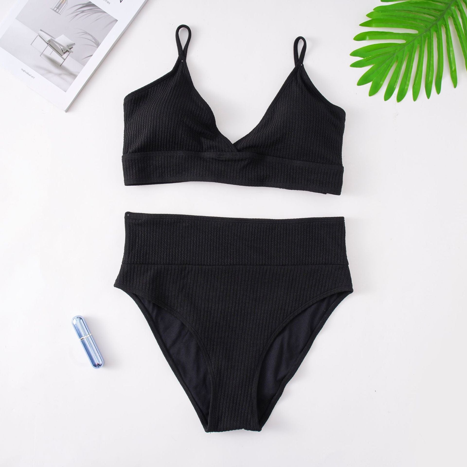 Biquini plus size de punto acanalado con cintura alta