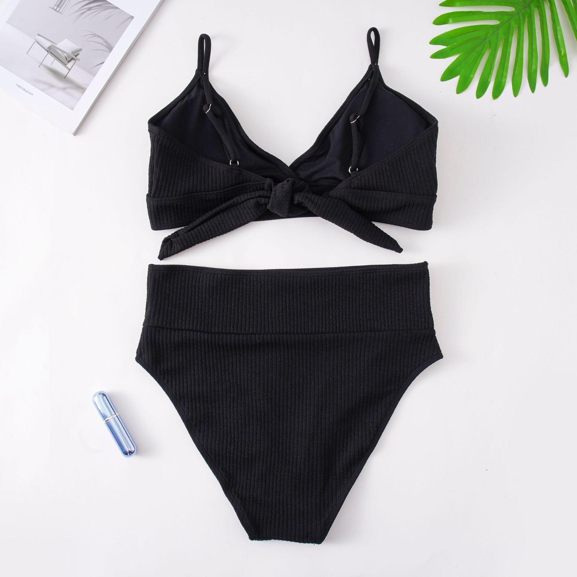 Biquini plus size de punto acanalado con cintura alta