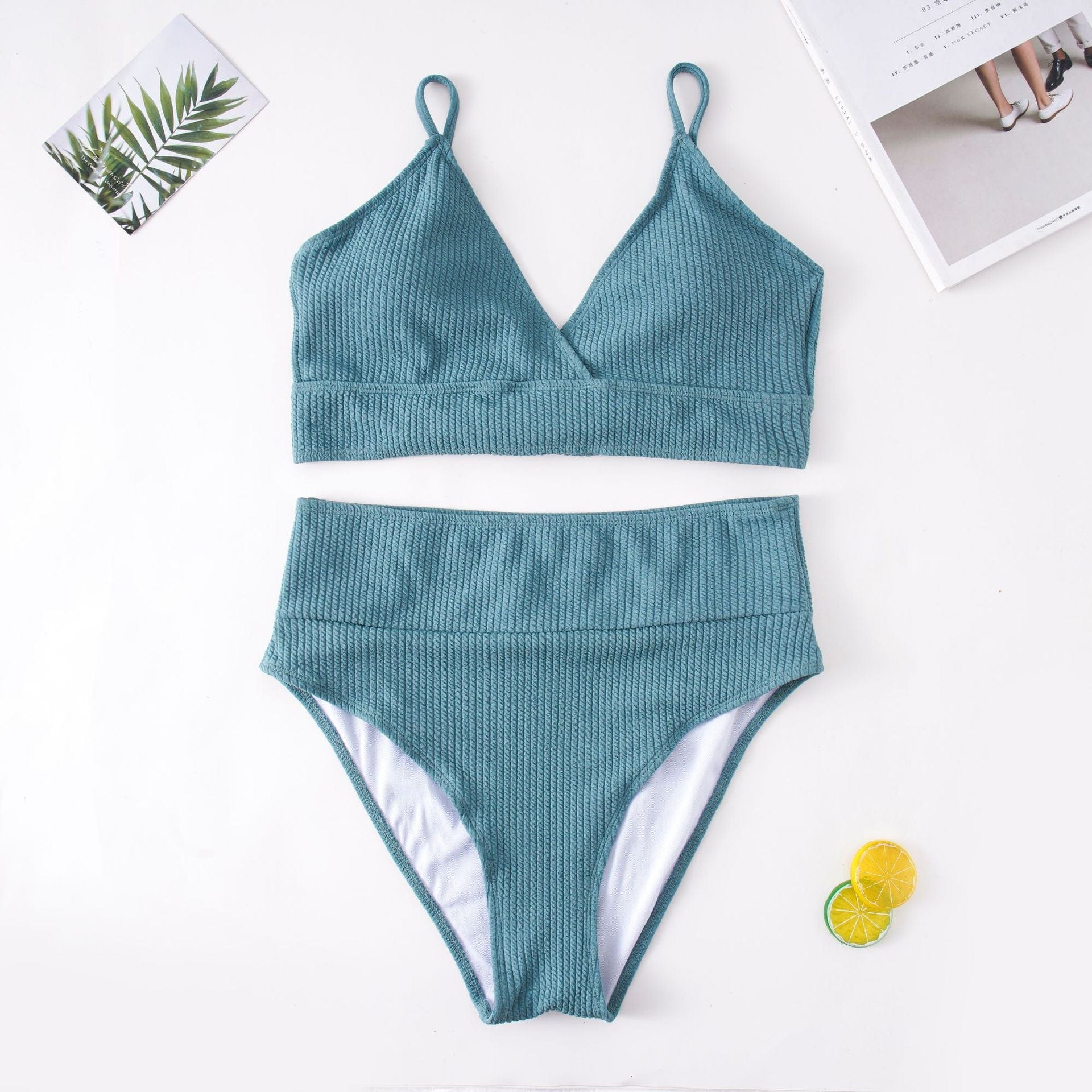 Biquini plus size de punto acanalado con cintura alta