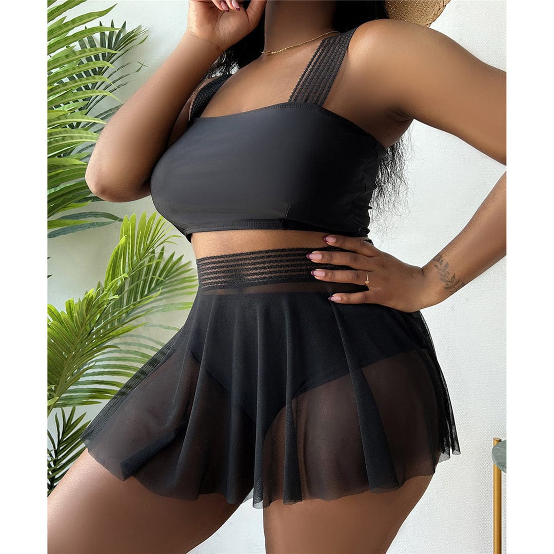 Biquini plus size negro con minifalda de malla