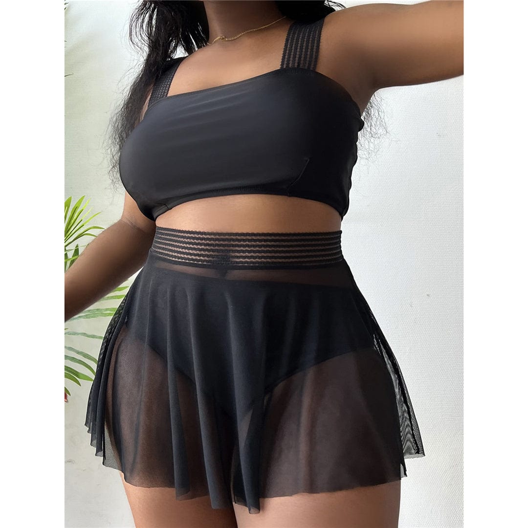 Biquini plus size negro con minifalda de malla