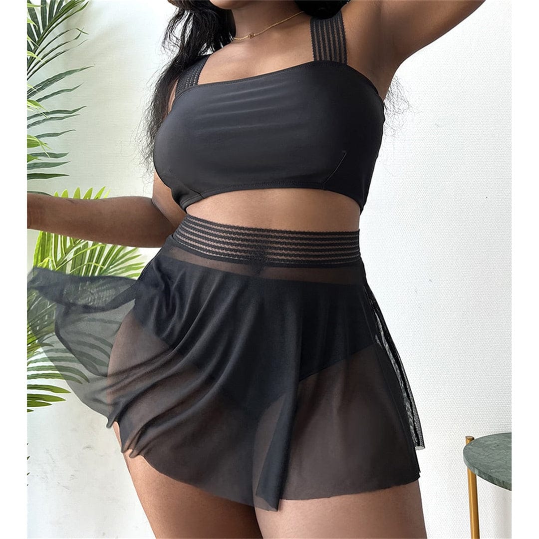 Biquini plus size negro con minifalda de malla