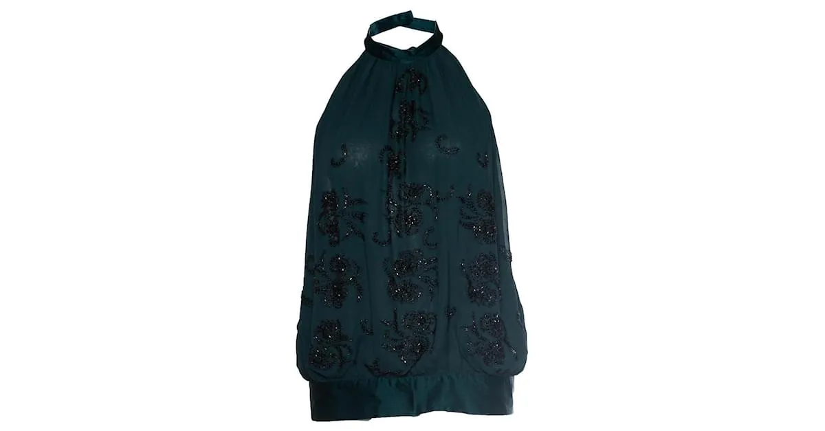 By Malene Birger POR MALENE BIRGER, top verde halter con cuentas 