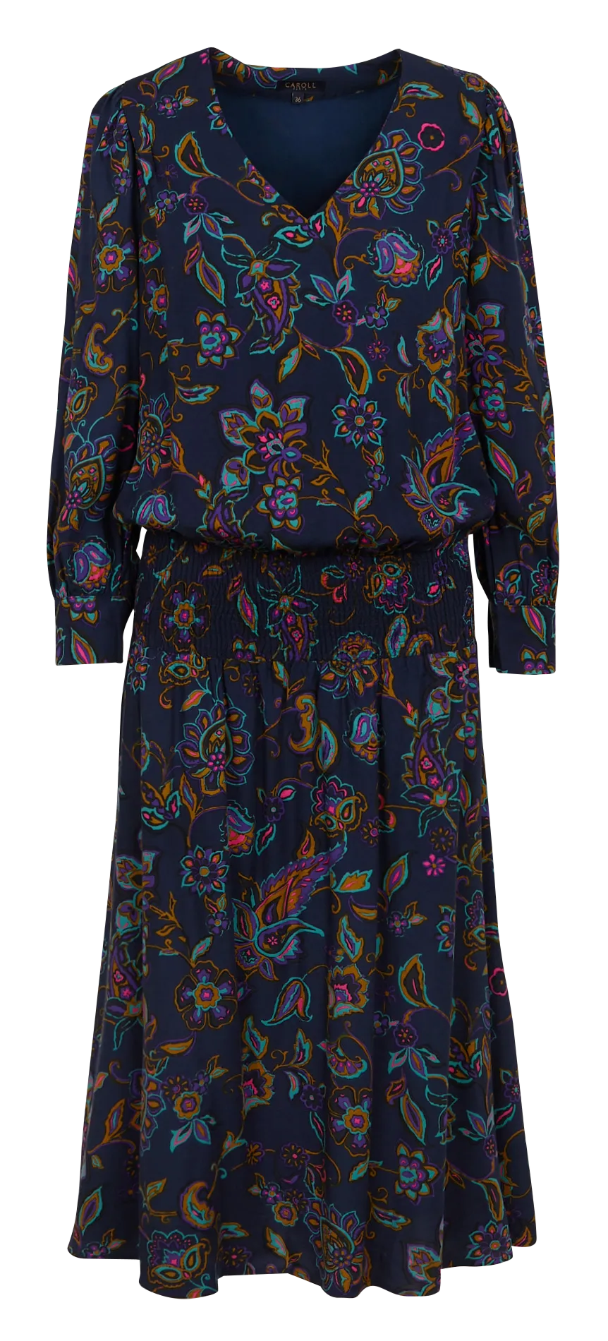 CAROLL RYBILO  VESTIDO LARGO DE TALLE BAJE CON CUELLO DE PICO Y ESTAMPADO FLORAL EN AZUL