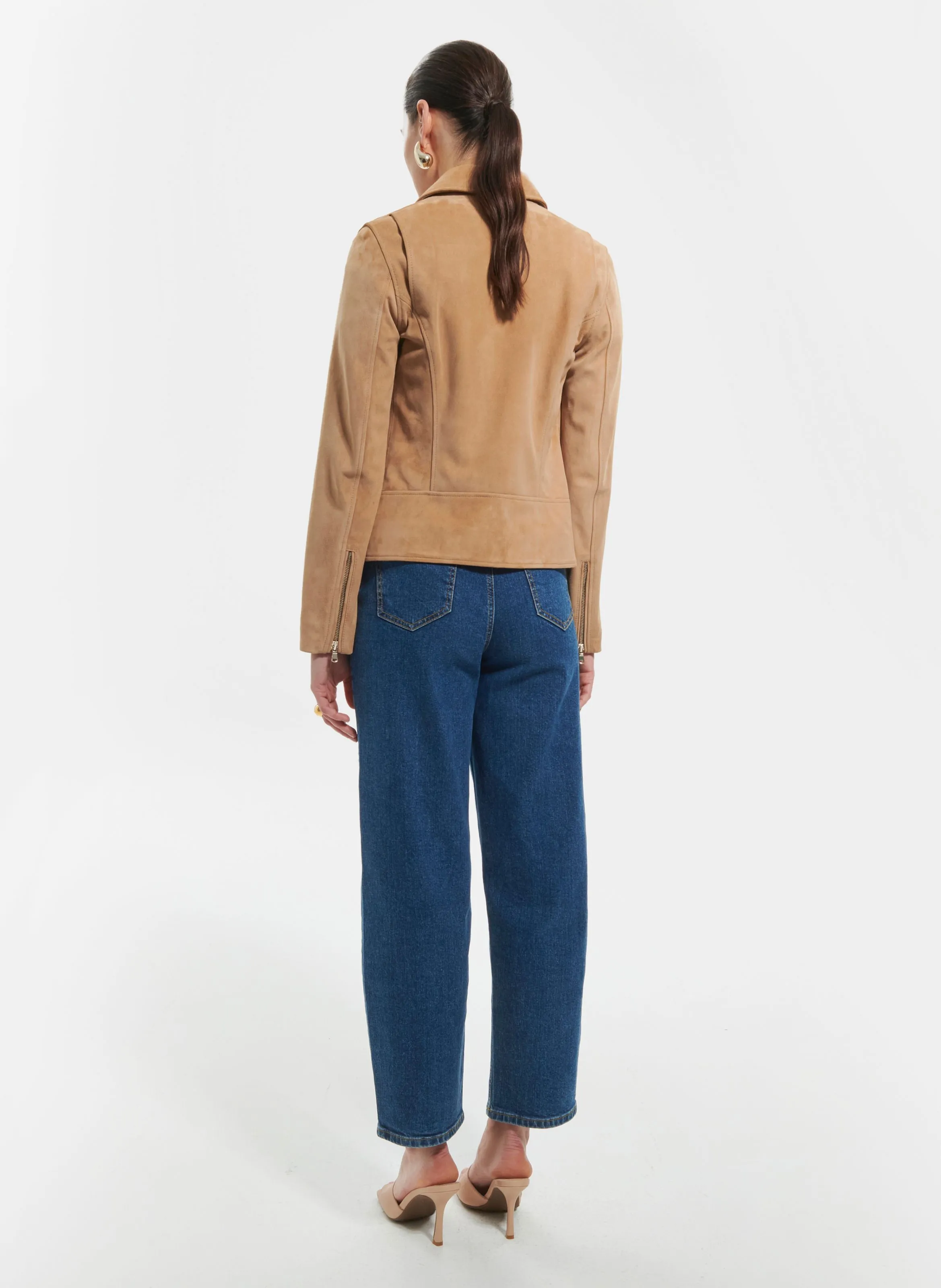 HANCORE  CHAQUETA DE CUERO DE TERCIOPELO CON CREMALLERA EN BEIGE