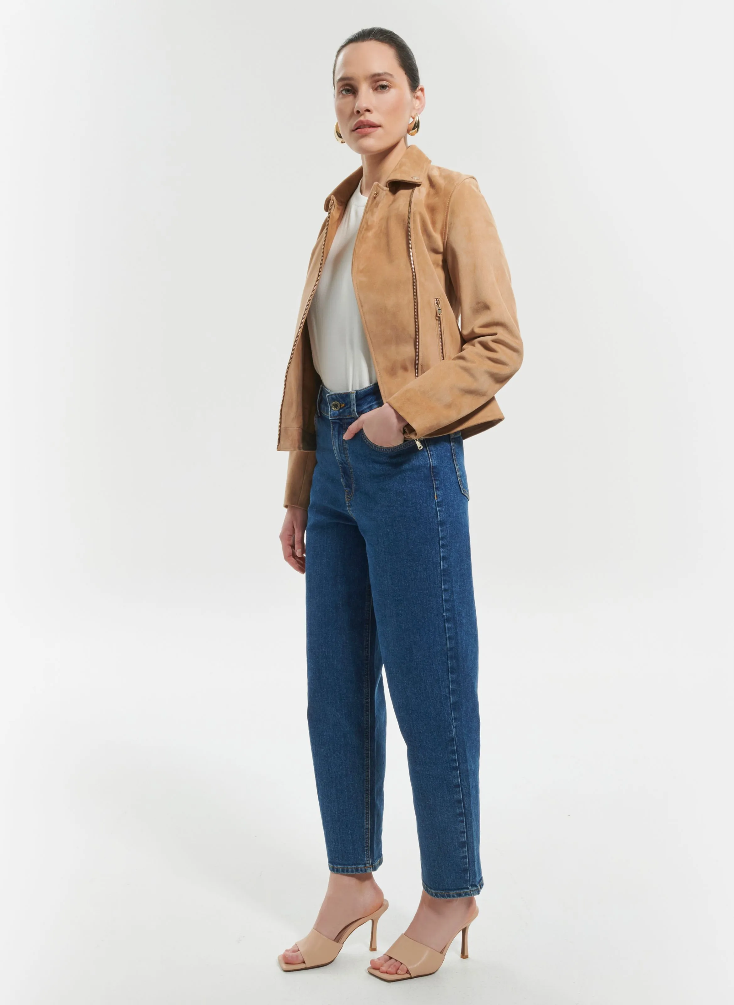 HANCORE  CHAQUETA DE CUERO DE TERCIOPELO CON CREMALLERA EN BEIGE
