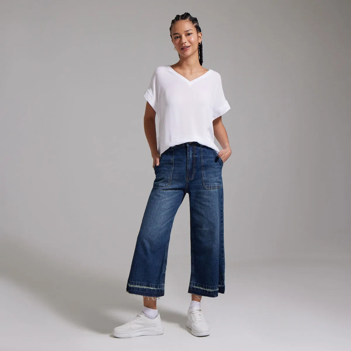Jean Tipo Culotte Con Bolsillos De Parche