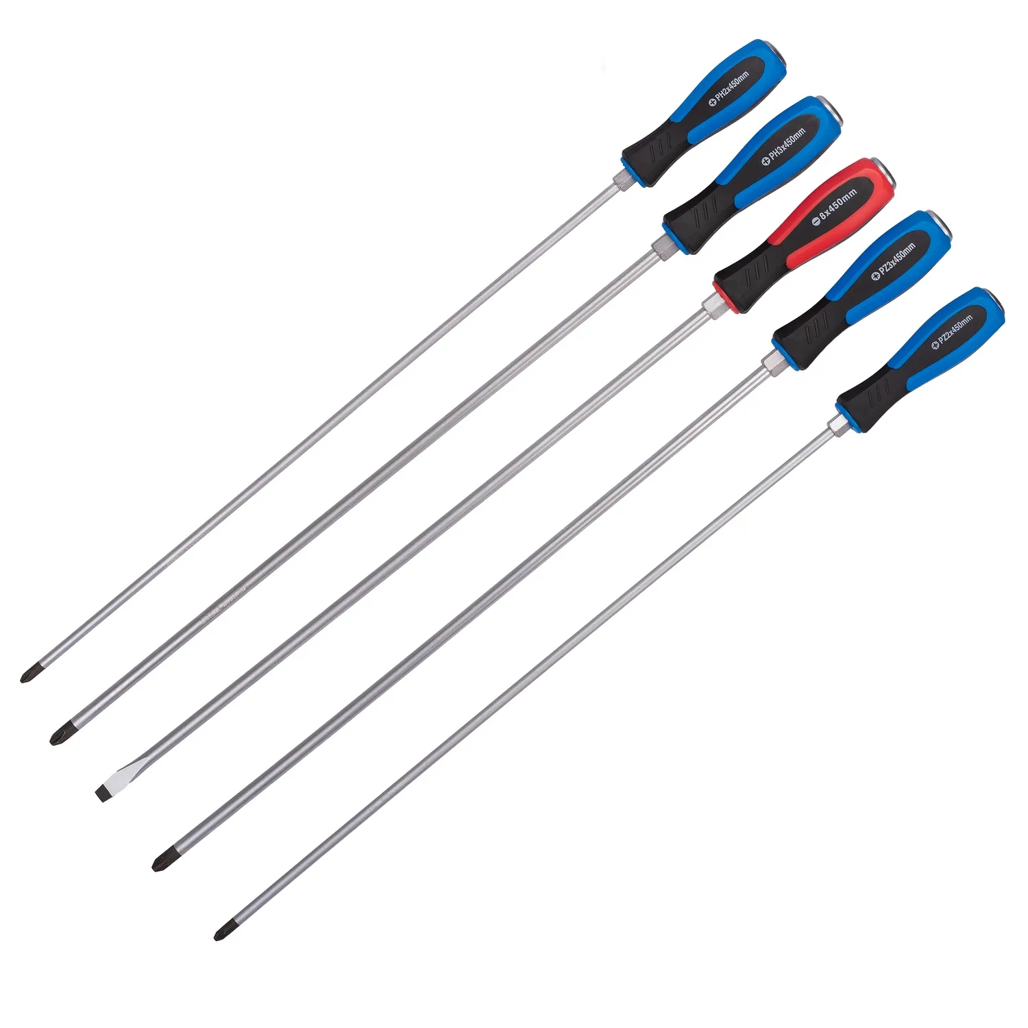 JUEGO DE 5 DESTORNILLADORES EXTRA LARGOS 450 MM "HAMMERTHRU". ACERO CRV