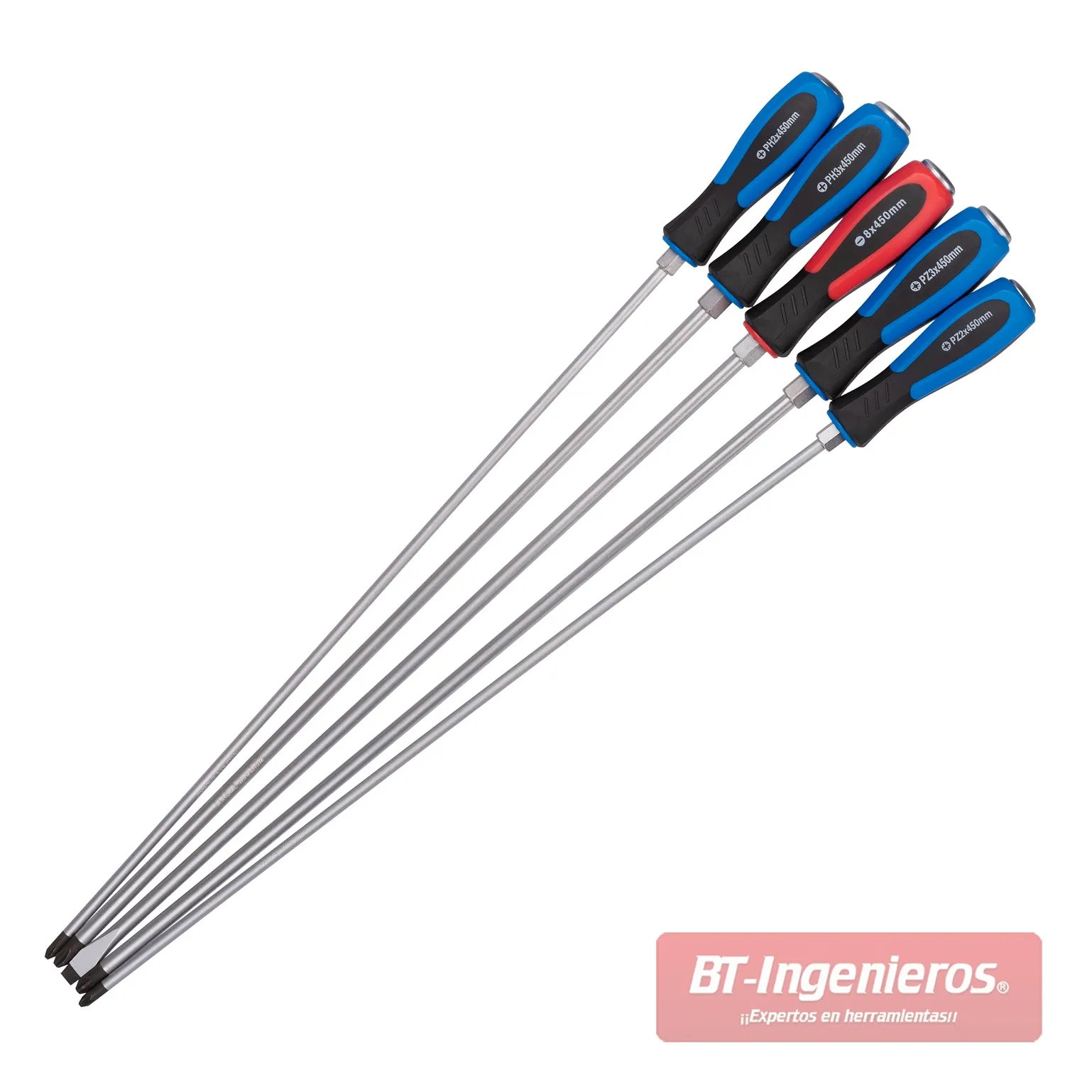 JUEGO DE 5 DESTORNILLADORES EXTRA LARGOS 450 MM "HAMMERTHRU". ACERO CRV