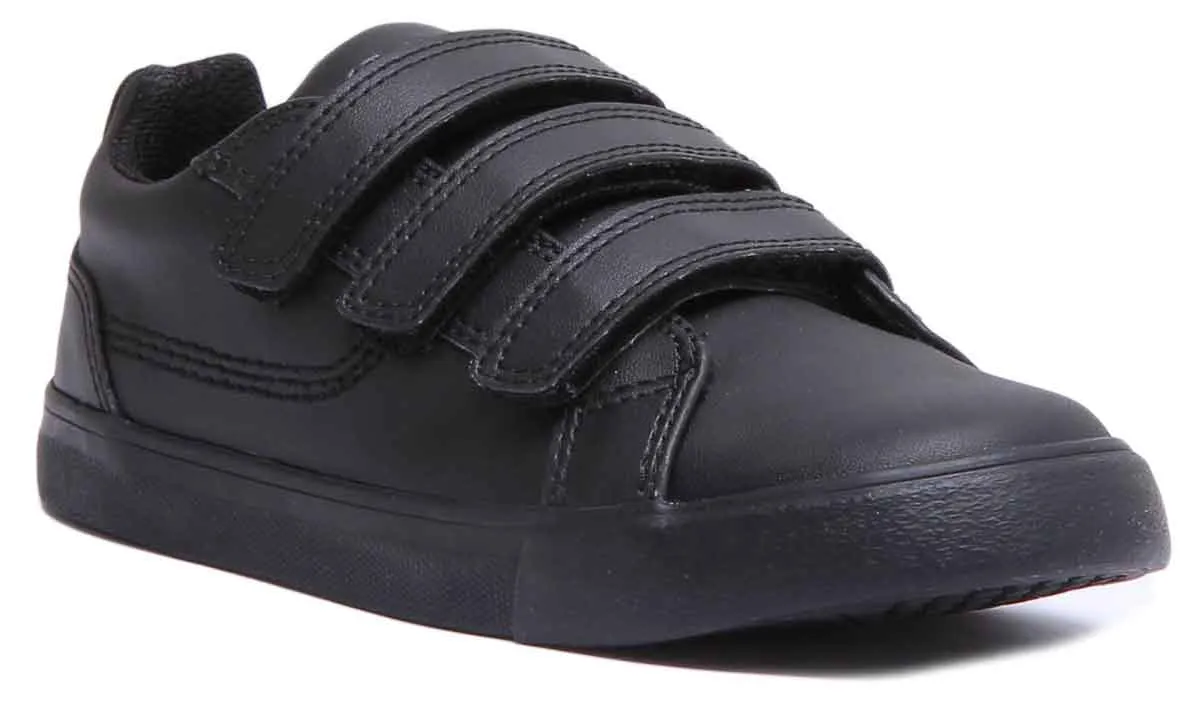 Kickers Tovni Trip Zapatos de piel con 3 correas para niños en negro