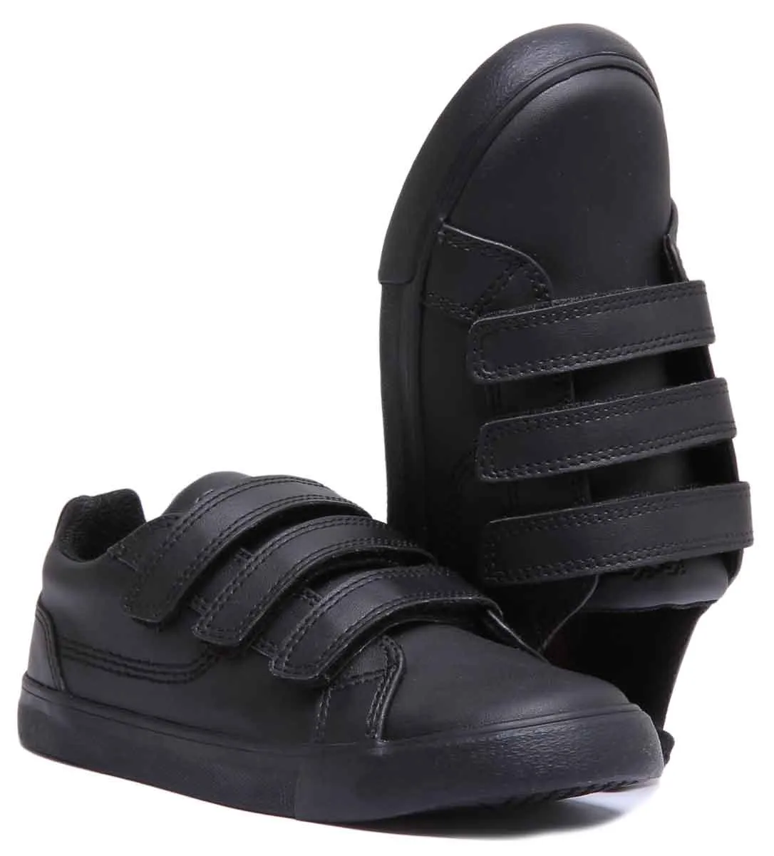 Kickers Tovni Trip Zapatos de piel con 3 correas para niños en negro