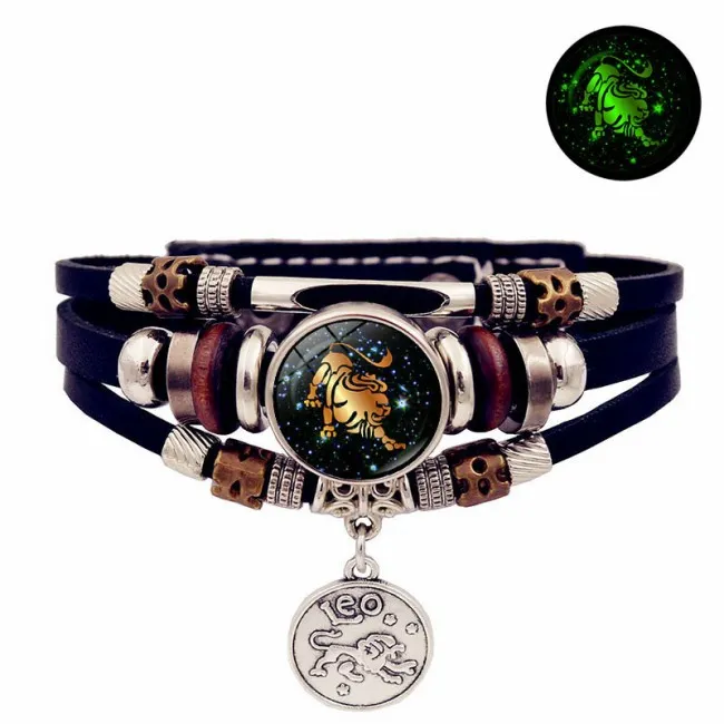 LUMINOUS 12 ZODIAC SIGNS LEATHER BRACELET HANDMADE MULTILAYERED BEADED VALENTINE'S DAY GIFTS CUFF JEWELRY WRISTBAND ACCESSORY W
