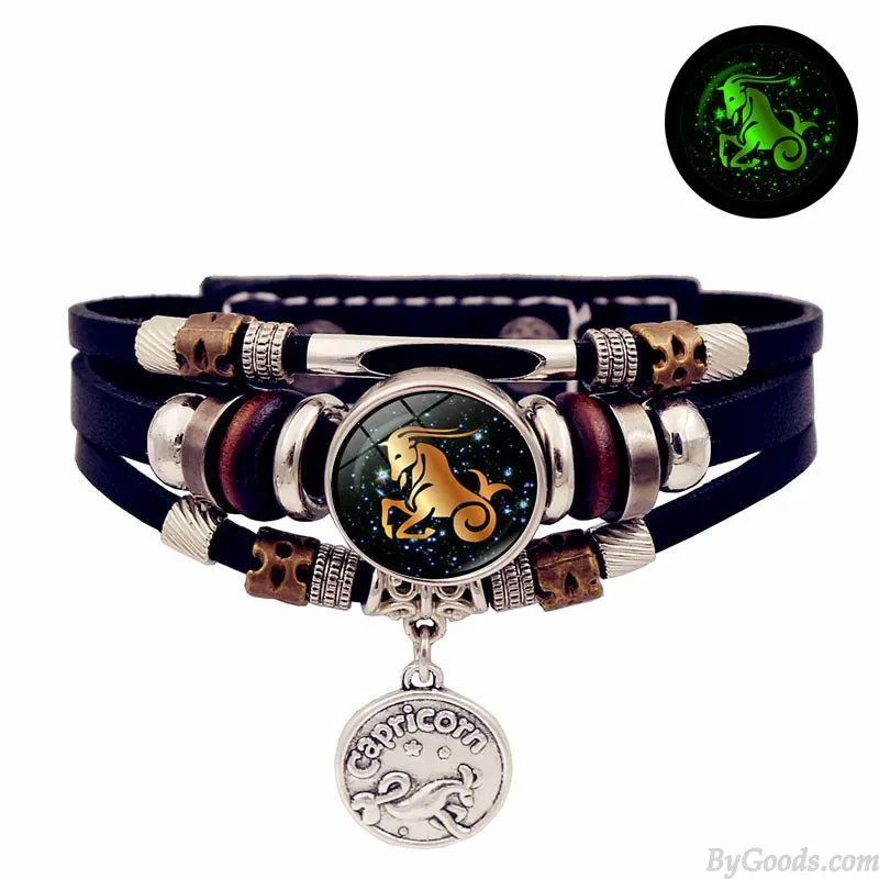 LUMINOUS 12 ZODIAC SIGNS LEATHER BRACELET HANDMADE MULTILAYERED BEADED VALENTINE'S DAY GIFTS CUFF JEWELRY WRISTBAND ACCESSORY W