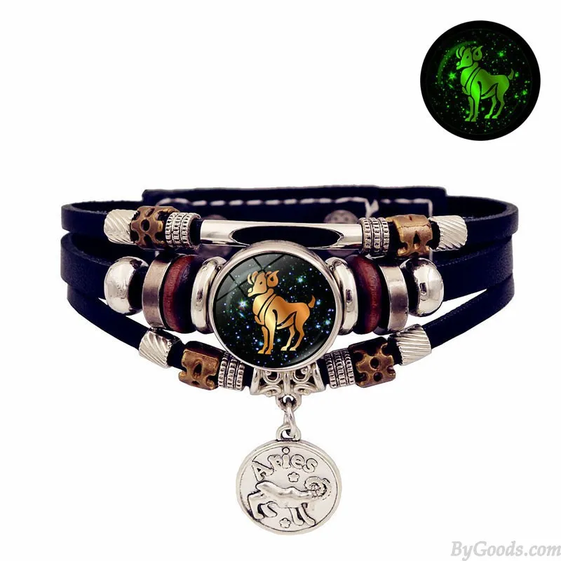LUMINOUS 12 ZODIAC SIGNS LEATHER BRACELET HANDMADE MULTILAYERED BEADED VALENTINE'S DAY GIFTS CUFF JEWELRY WRISTBAND ACCESSORY W