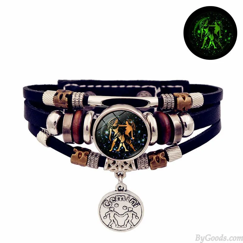 LUMINOUS 12 ZODIAC SIGNS LEATHER BRACELET HANDMADE MULTILAYERED BEADED VALENTINE'S DAY GIFTS CUFF JEWELRY WRISTBAND ACCESSORY W