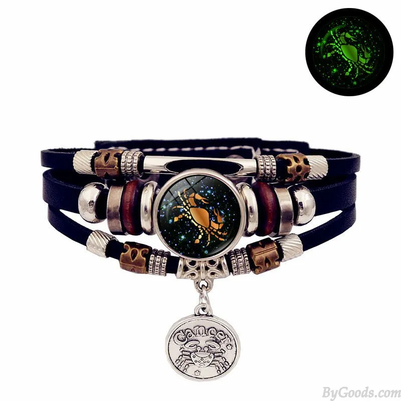 LUMINOUS 12 ZODIAC SIGNS LEATHER BRACELET HANDMADE MULTILAYERED BEADED VALENTINE'S DAY GIFTS CUFF JEWELRY WRISTBAND ACCESSORY W