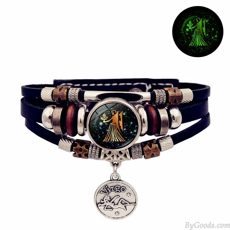 LUMINOUS 12 ZODIAC SIGNS LEATHER BRACELET HANDMADE MULTILAYERED BEADED VALENTINE'S DAY GIFTS CUFF JEWELRY WRISTBAND ACCESSORY W