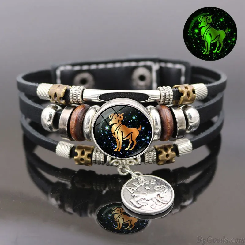 LUMINOUS 12 ZODIAC SIGNS LEATHER BRACELET HANDMADE MULTILAYERED BEADED VALENTINE'S DAY GIFTS CUFF JEWELRY WRISTBAND ACCESSORY W