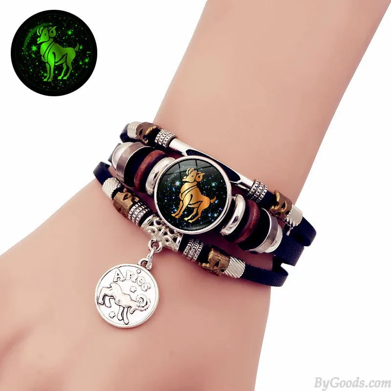 LUMINOUS 12 ZODIAC SIGNS LEATHER BRACELET HANDMADE MULTILAYERED BEADED VALENTINE'S DAY GIFTS CUFF JEWELRY WRISTBAND ACCESSORY W