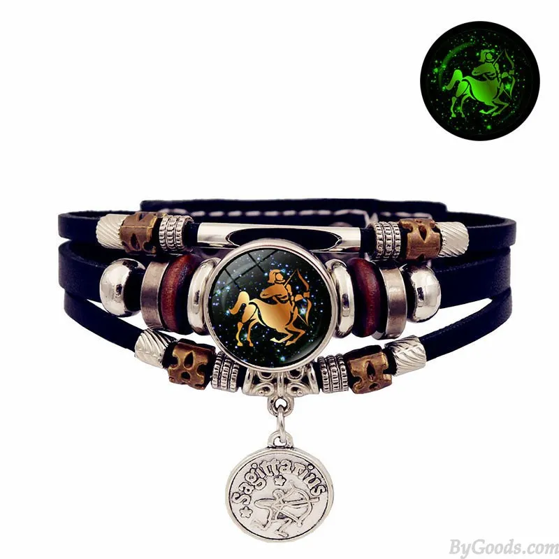 LUMINOUS 12 ZODIAC SIGNS LEATHER BRACELET HANDMADE MULTILAYERED BEADED VALENTINE'S DAY GIFTS CUFF JEWELRY WRISTBAND ACCESSORY W