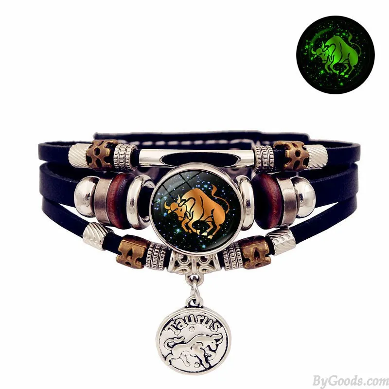 LUMINOUS 12 ZODIAC SIGNS LEATHER BRACELET HANDMADE MULTILAYERED BEADED VALENTINE'S DAY GIFTS CUFF JEWELRY WRISTBAND ACCESSORY W