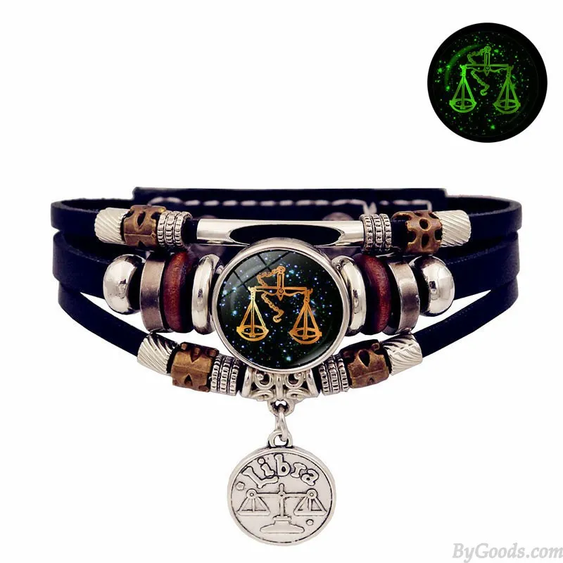 LUMINOUS 12 ZODIAC SIGNS LEATHER BRACELET HANDMADE MULTILAYERED BEADED VALENTINE'S DAY GIFTS CUFF JEWELRY WRISTBAND ACCESSORY W