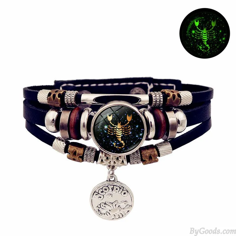 LUMINOUS 12 ZODIAC SIGNS LEATHER BRACELET HANDMADE MULTILAYERED BEADED VALENTINE'S DAY GIFTS CUFF JEWELRY WRISTBAND ACCESSORY W