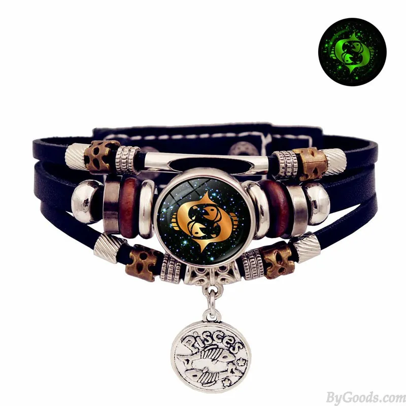 LUMINOUS 12 ZODIAC SIGNS LEATHER BRACELET HANDMADE MULTILAYERED BEADED VALENTINE'S DAY GIFTS CUFF JEWELRY WRISTBAND ACCESSORY W
