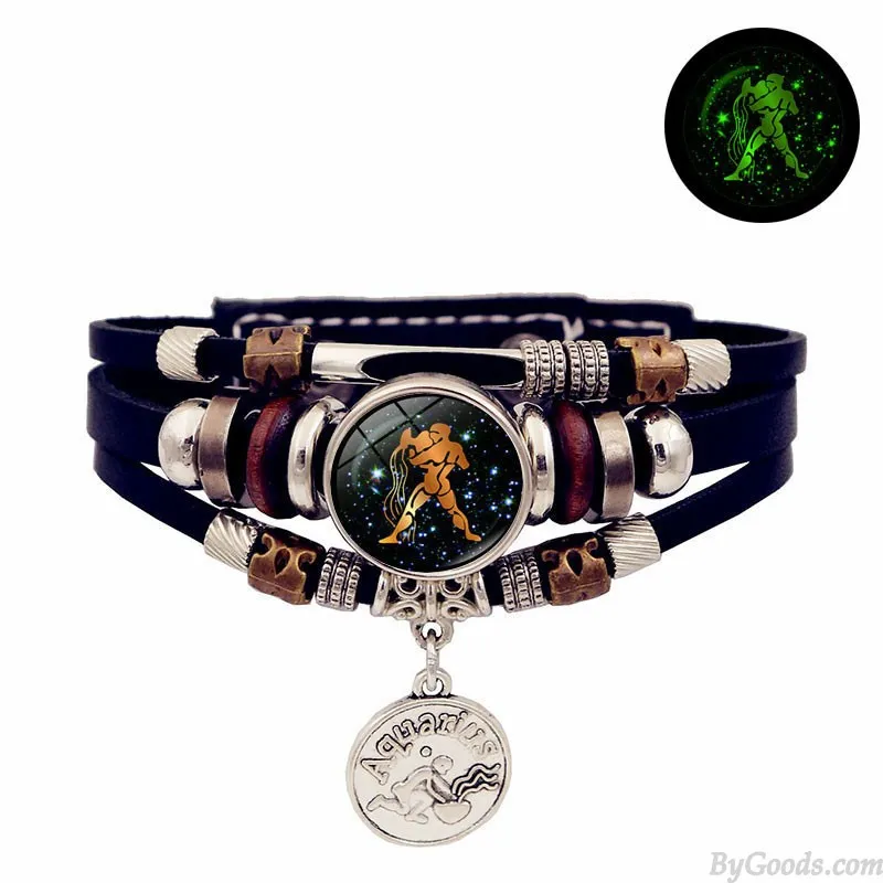 LUMINOUS 12 ZODIAC SIGNS LEATHER BRACELET HANDMADE MULTILAYERED BEADED VALENTINE'S DAY GIFTS CUFF JEWELRY WRISTBAND ACCESSORY W