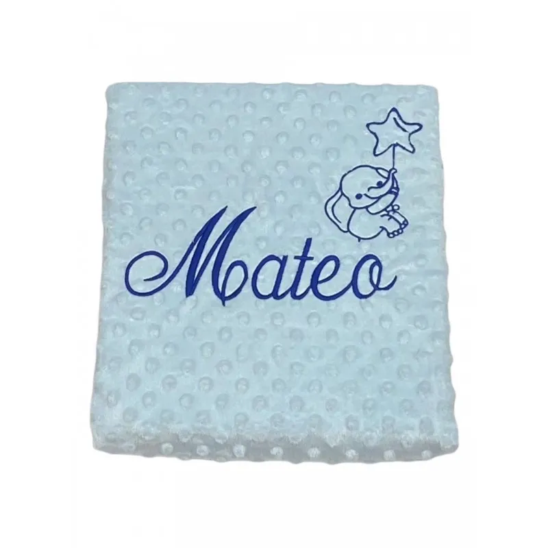 Manta puntitos Bebé Color AZUL Bordado Nombre + Dibujo AZUL