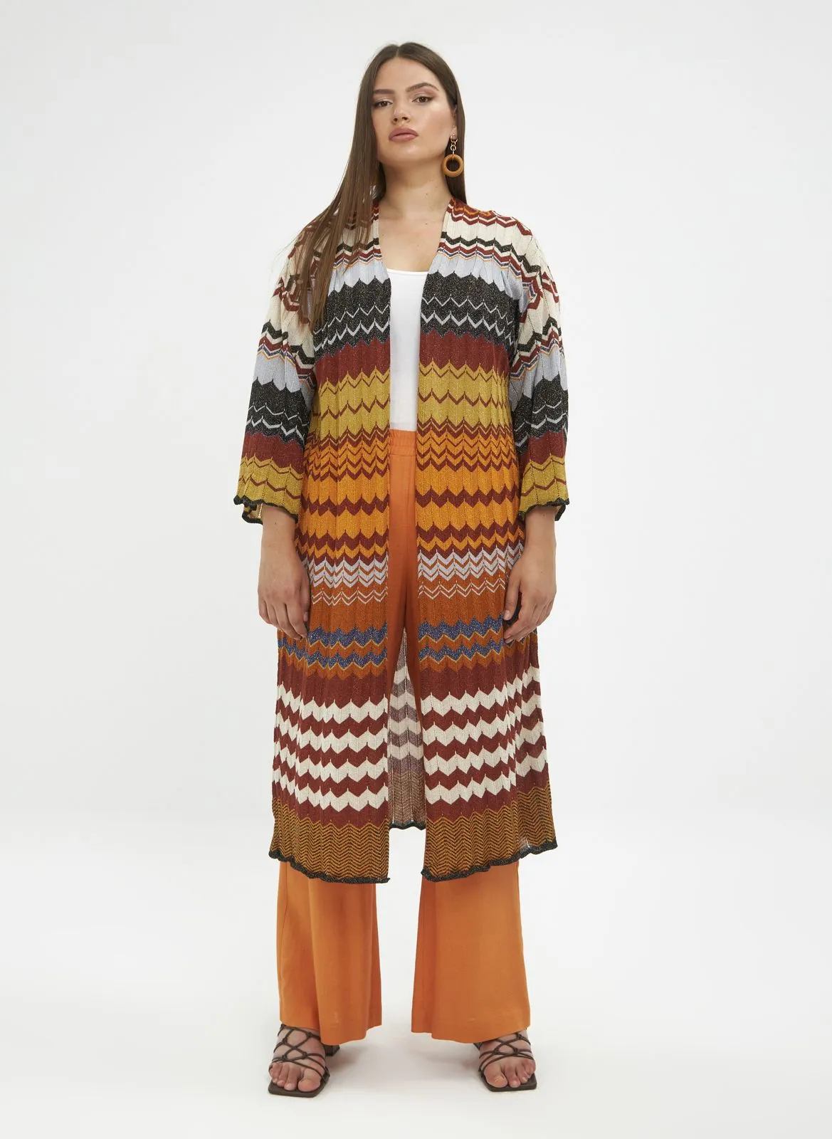 MAT FASHION Chaqueta recta abierta de punto con hilos metalizados en marron