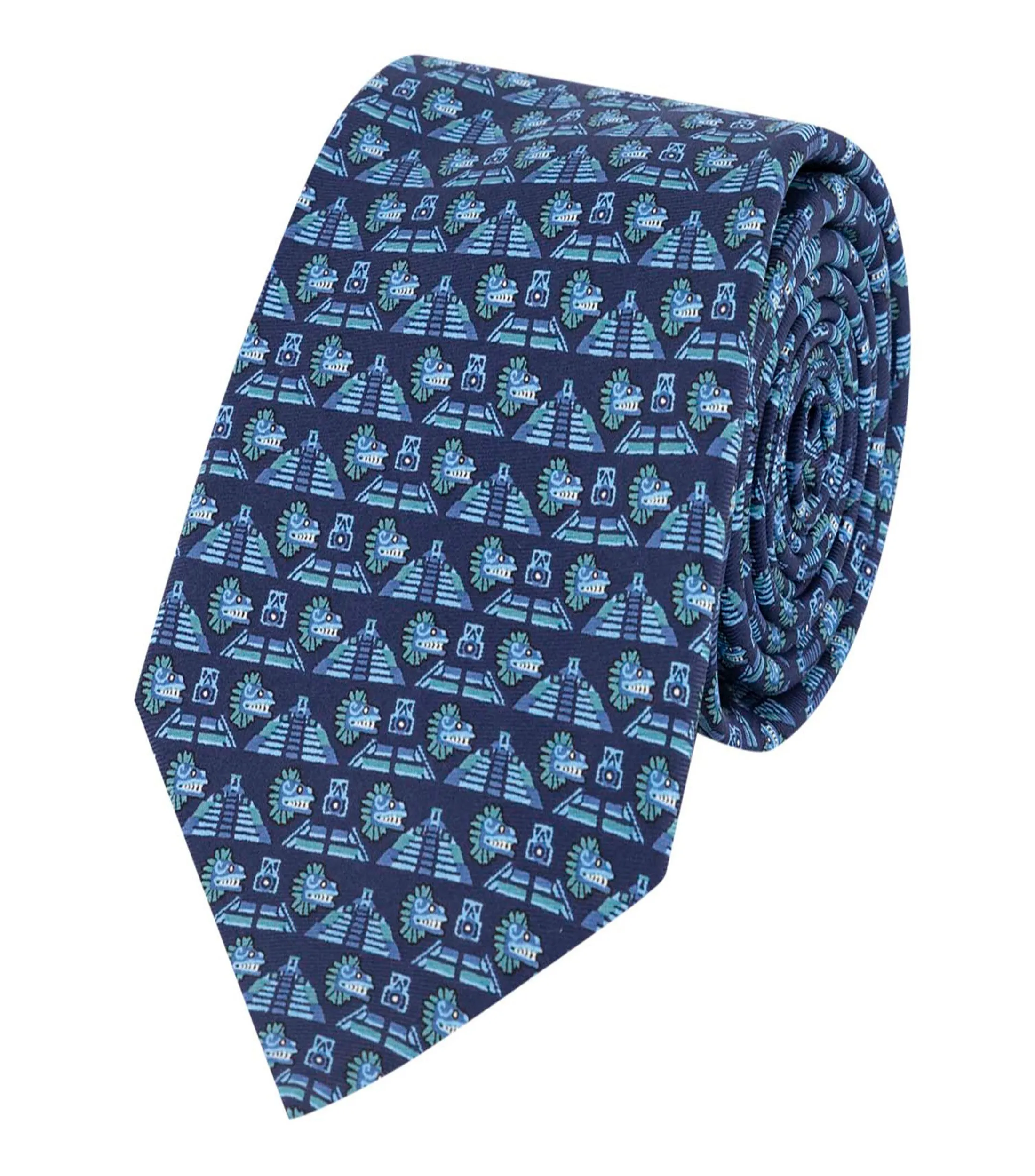 Pineda Covalin Corbata ancha de seda azul marino con pirámides y símbolos
