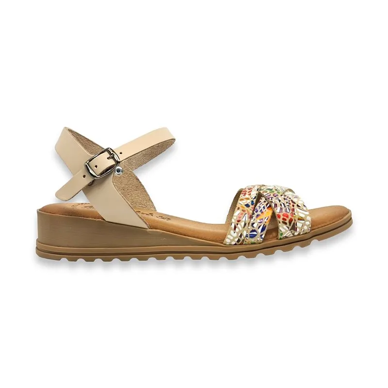 Sandalias Comfort Cuña Baja Mujer Piel Plantilla Acolchada 291 Beige, de Amelie