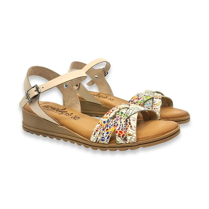 Sandalias Comfort Cuña Baja Mujer Piel Plantilla Acolchada 291 Beige, de Amelie