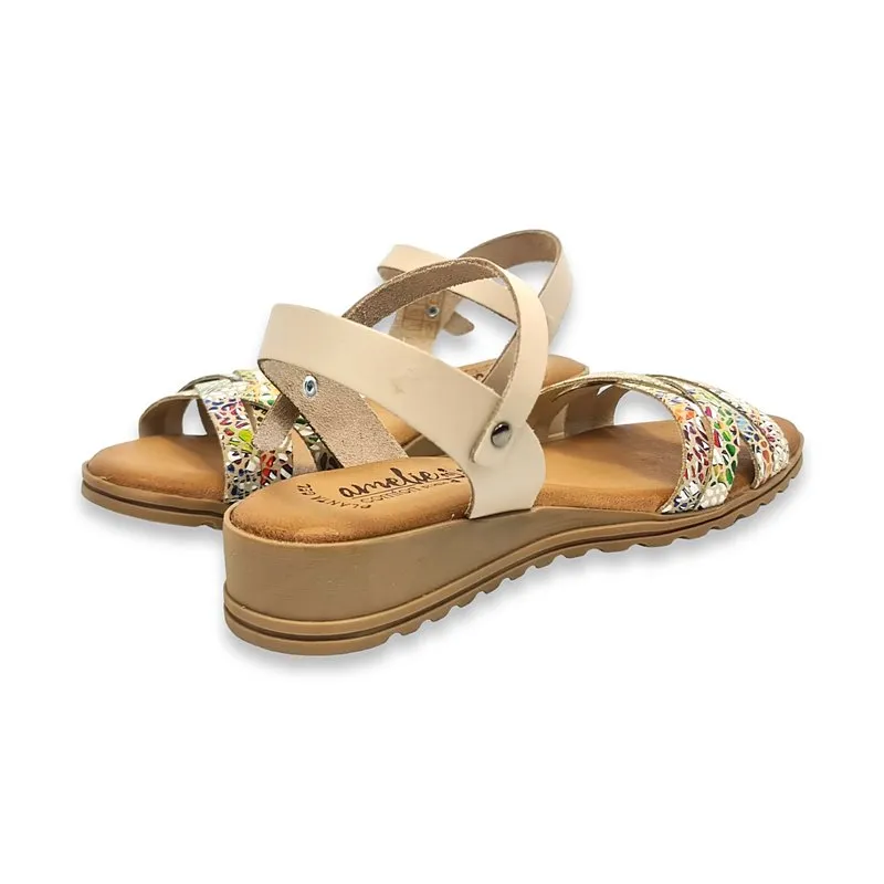 Sandalias Comfort Cuña Baja Mujer Piel Plantilla Acolchada 291 Beige, de Amelie
