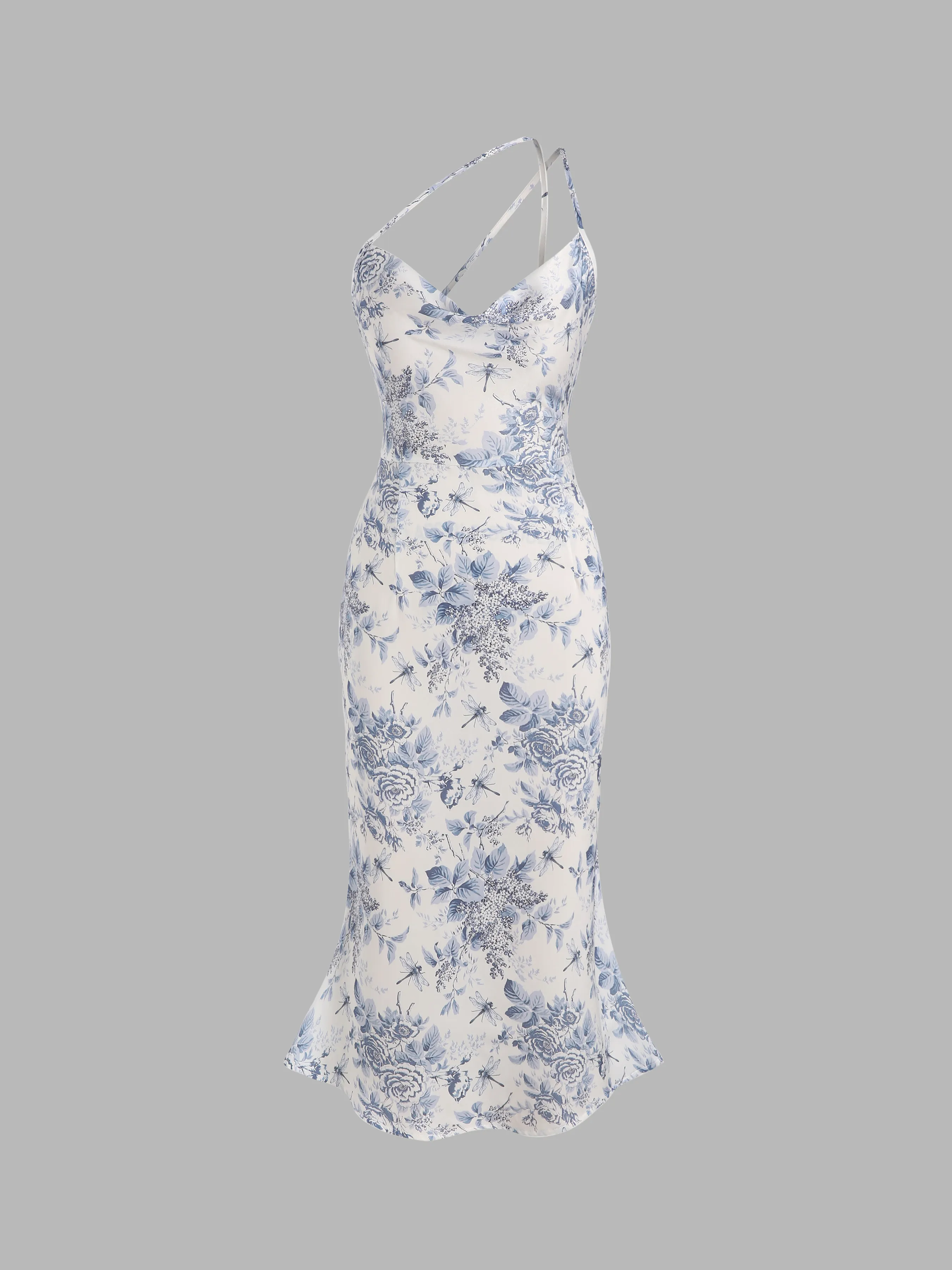  Vestido Midi con Cuello Drapeado Floral y Libélula